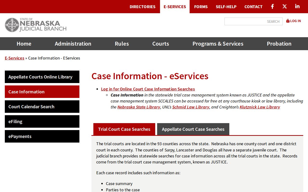 Sioux County case search information from Nebraska JUSTICE