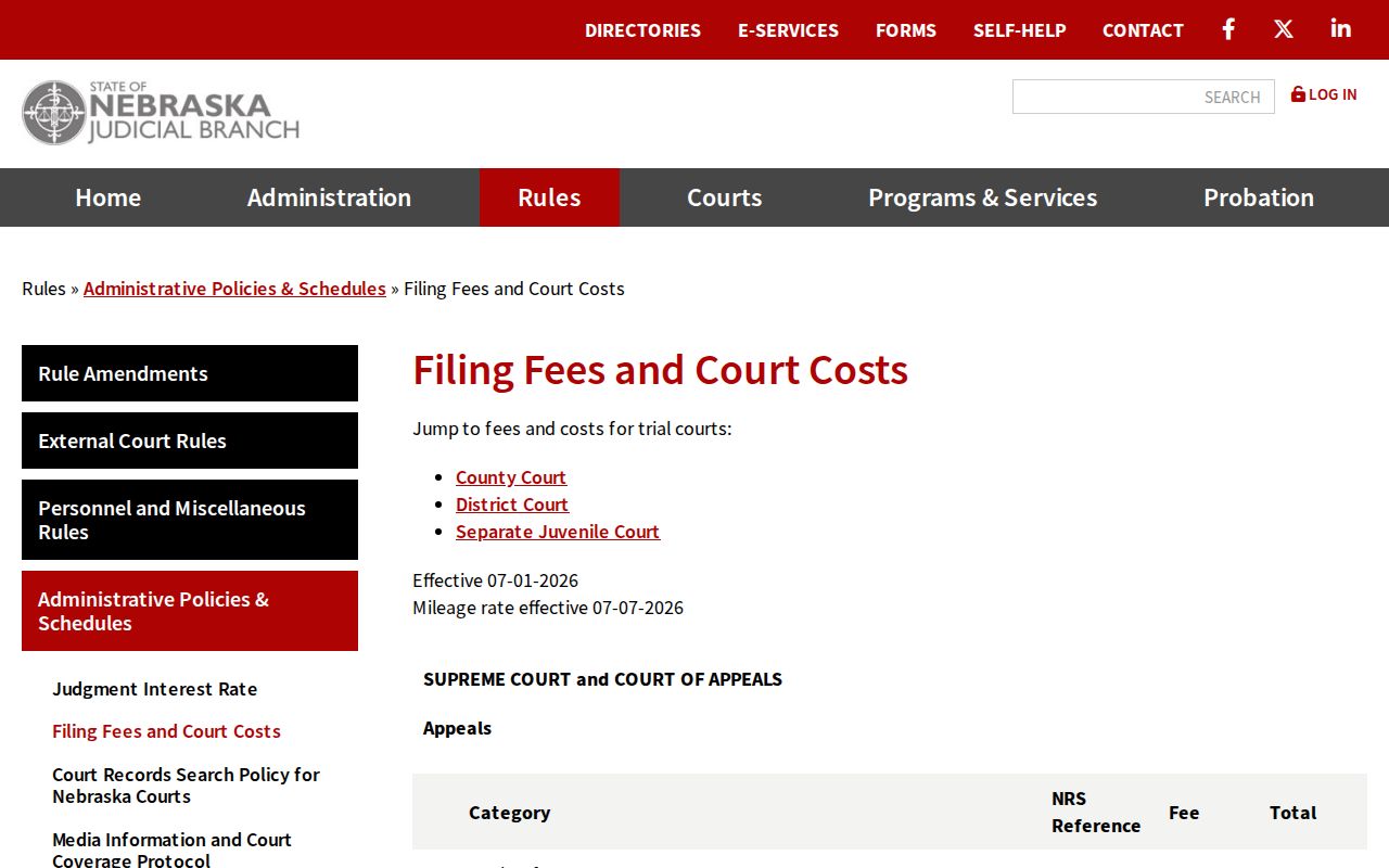 Sioux County civil court docket current Nebraska filing fees and court costs reference