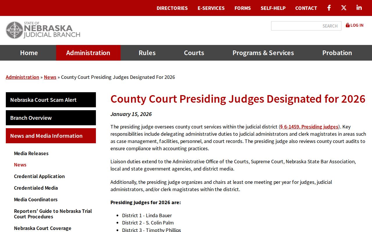 Sioux County court schedule 2026 District 12 County Court presiding judge designation