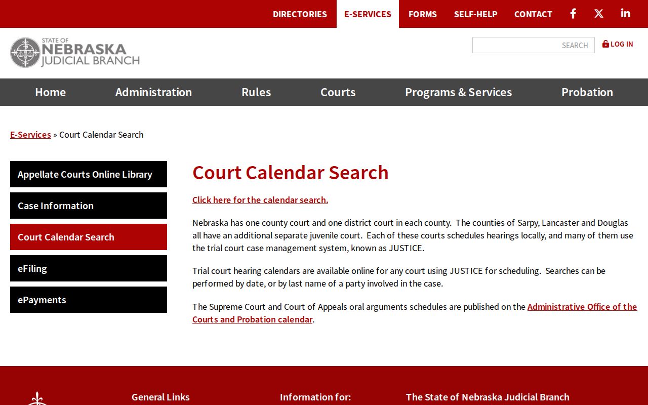 Sioux County court schedule Nebraska Judicial Branch calendar help and search instructions