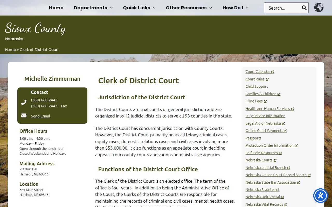Sioux County District Court docket clerk records page